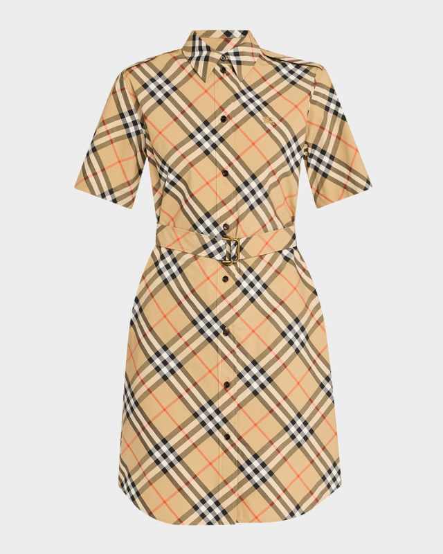 Check Short-Sleeve Belted Mini Shirtdress